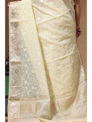 Lemon yellow mal chanderi with chicken kari saree with blouse piece 4