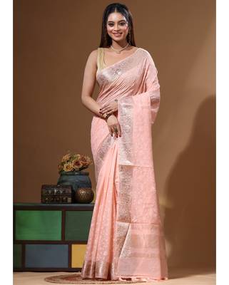 Peach mal chanderi with chicken kari saree with blouse piece 1