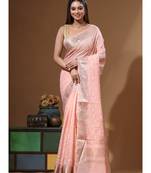 Peach mal chanderi with chicken kari saree with blouse piece