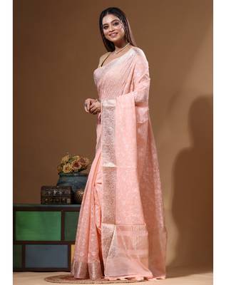 Peach mal chanderi with chicken kari saree with blouse piece 2