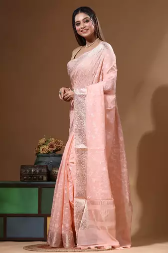 Peach mal chanderi with chicken kari saree with blouse piece