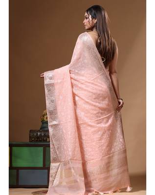 Peach mal chanderi with chicken kari saree with blouse piece 3