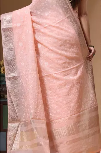 Peach mal chanderi with chicken kari saree with blouse piece