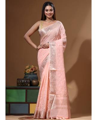 Peach mal chanderi with chicken kari saree with blouse piece 5