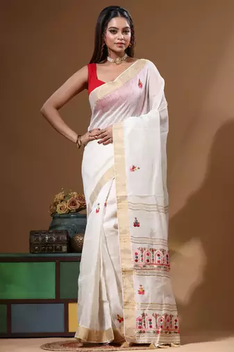 Off-white pure linen with kantha work saree with blouse piece