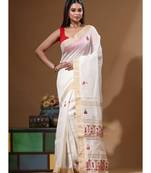 Off-white pure linen with kantha work saree with blouse piece