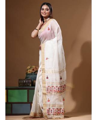 Off-white pure linen with kantha work saree with blouse piece 2