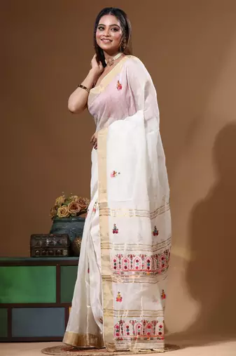 Off-white pure linen with kantha work saree with blouse piece