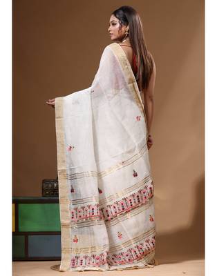 Off-white pure linen with kantha work saree with blouse piece 3