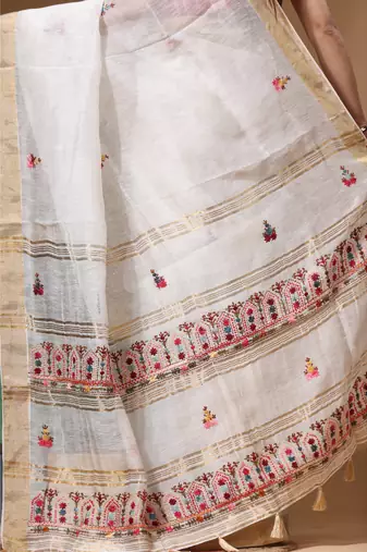 Off-white pure linen with kantha work saree with blouse piece