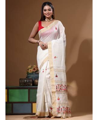 Off-white pure linen with kantha work saree with blouse piece 5