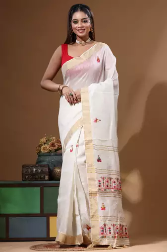 Off-white pure linen with kantha work saree with blouse piece