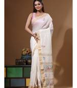 Off-white silk linen with kantha work saree with blouse piece