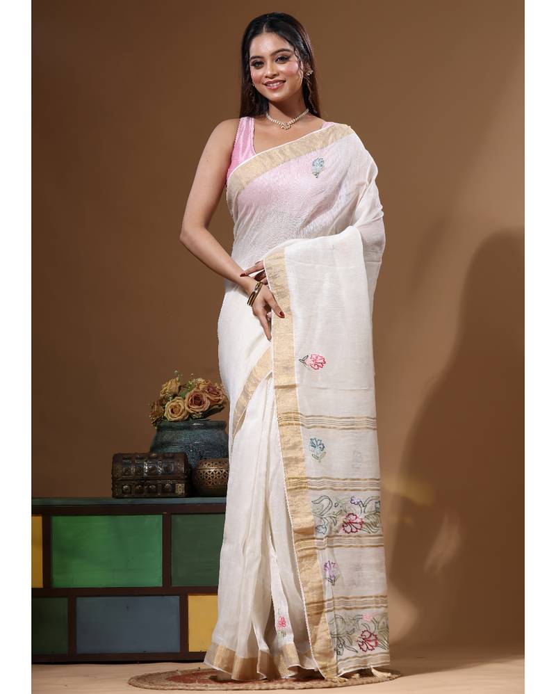 Off-white silk linen with kantha work saree with blouse piece