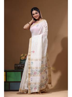 Off-white silk linen with kantha work saree with blouse piece 2