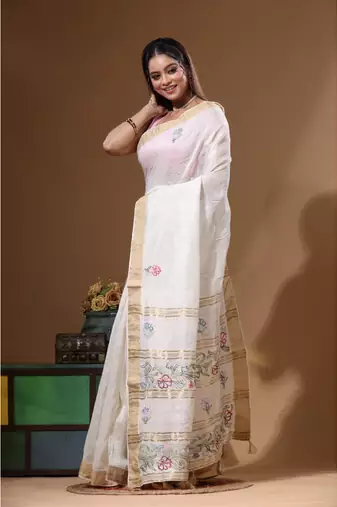 Off-white silk linen with kantha work saree with blouse piece