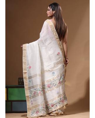 Off-white silk linen with kantha work saree with blouse piece 3