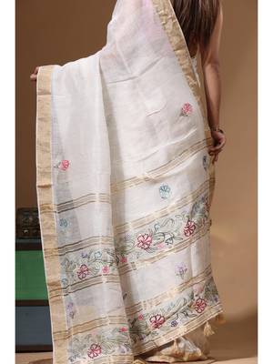 Off-white silk linen with kantha work saree with blouse piece 4