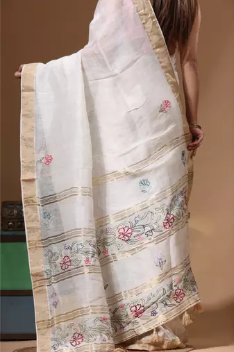Off-white silk linen with kantha work saree with blouse piece