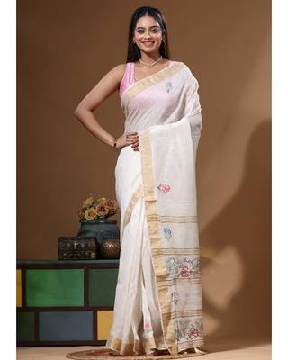 Off-white silk linen with kantha work saree with blouse piece 5