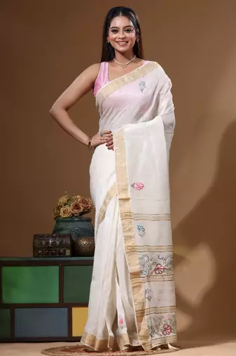 Off-white silk linen with kantha work saree with blouse piece