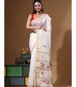 Off-white silk linen with kantha work saree with blouse piece