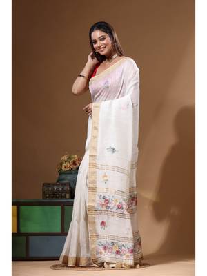 Off-white silk linen with kantha work saree with blouse piece 2