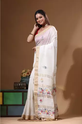 Off-white silk linen with kantha work saree with blouse piece