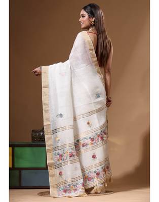Off-white silk linen with kantha work saree with blouse piece 3