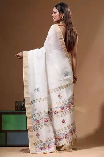 Off-white silk linen with kantha work saree with blouse piece