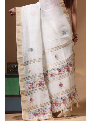 Off-white silk linen with kantha work saree with blouse piece 4