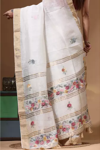 Off-white silk linen with kantha work saree with blouse piece