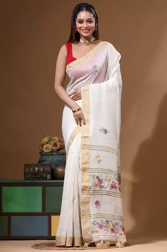 Off-white silk linen with kantha work saree with blouse piece