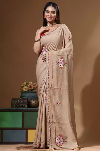 Beige pure linen with kantha work saree with blouse piece