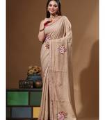 Beige pure linen with kantha work saree with blouse piece