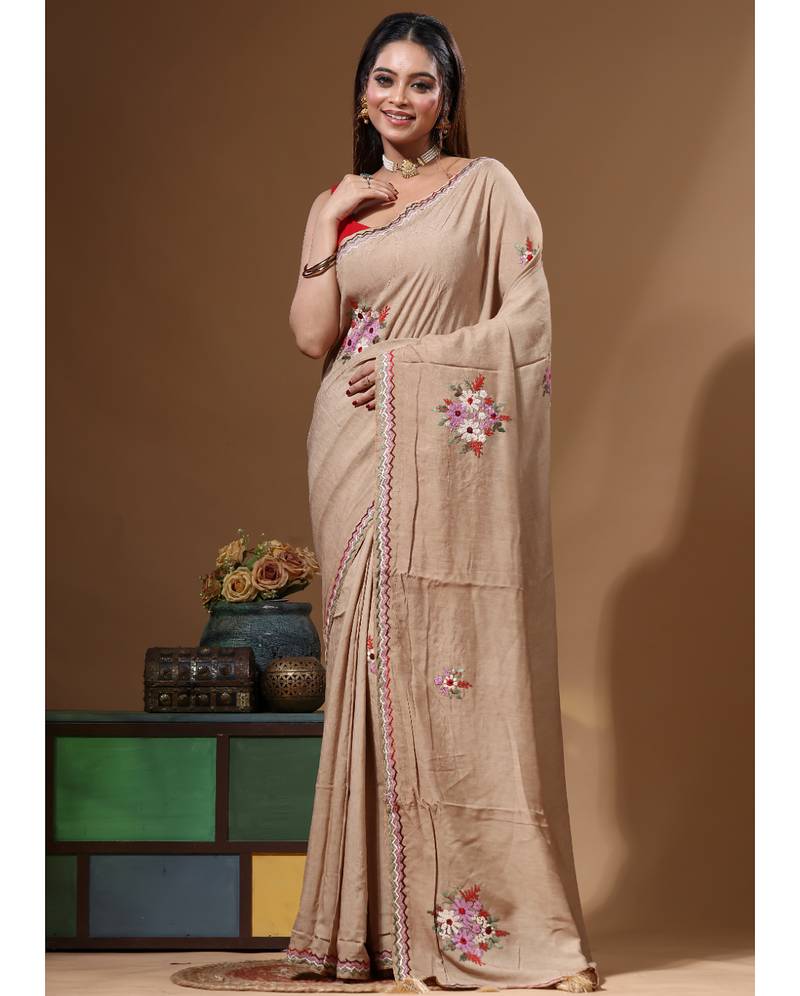 Beige pure linen with kantha work saree with blouse piece