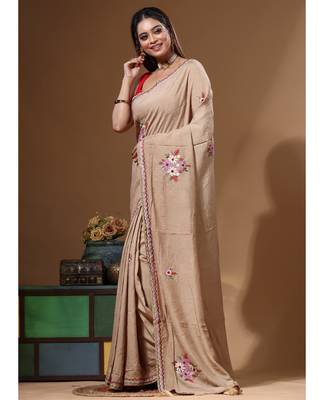 Beige pure linen with kantha work saree with blouse piece 2