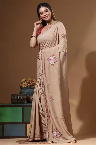 Beige pure linen with kantha work saree with blouse piece