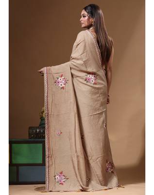 Beige pure linen with kantha work saree with blouse piece 3