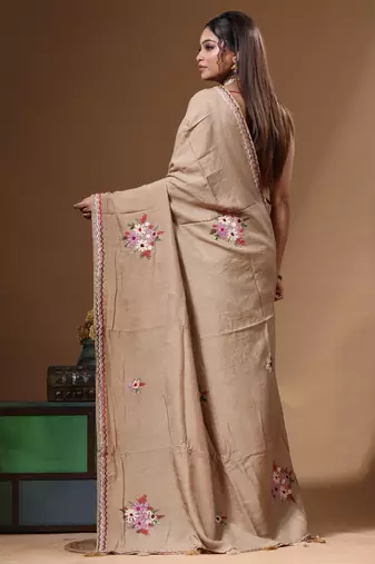Beige pure linen with kantha work saree with blouse piece
