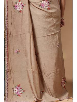 Beige pure linen with kantha work saree with blouse piece 4