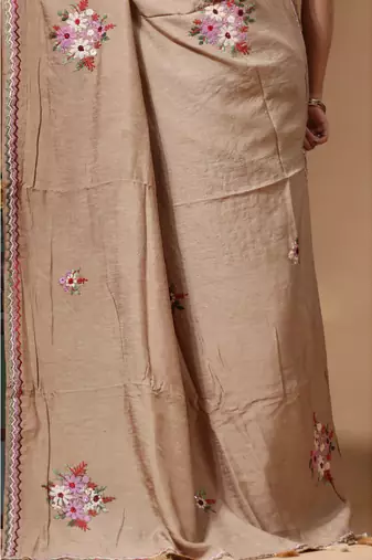 Beige pure linen with kantha work saree with blouse piece