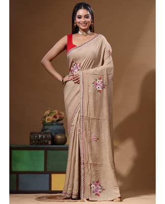 Beige pure linen with kantha work saree with blouse piece 5
