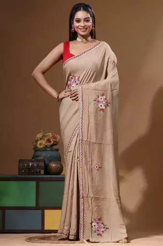 Beige pure linen with kantha work saree with blouse piece