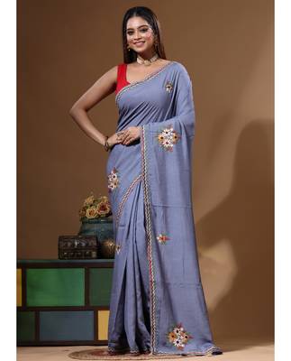 Teal blue pure linen with kantha work saree with blouse piece 1
