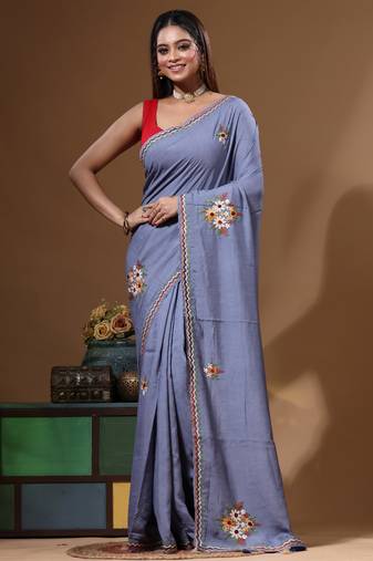 Teal blue pure linen with kantha work saree with blouse piece