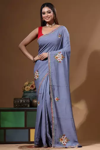 Teal blue pure linen with kantha work saree with blouse piece