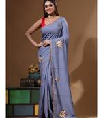 Teal blue pure linen with kantha work saree with blouse piece
