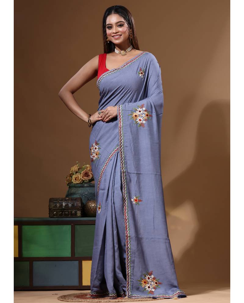 Teal blue pure linen with kantha work saree with blouse piece