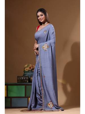 Teal blue pure linen with kantha work saree with blouse piece 2